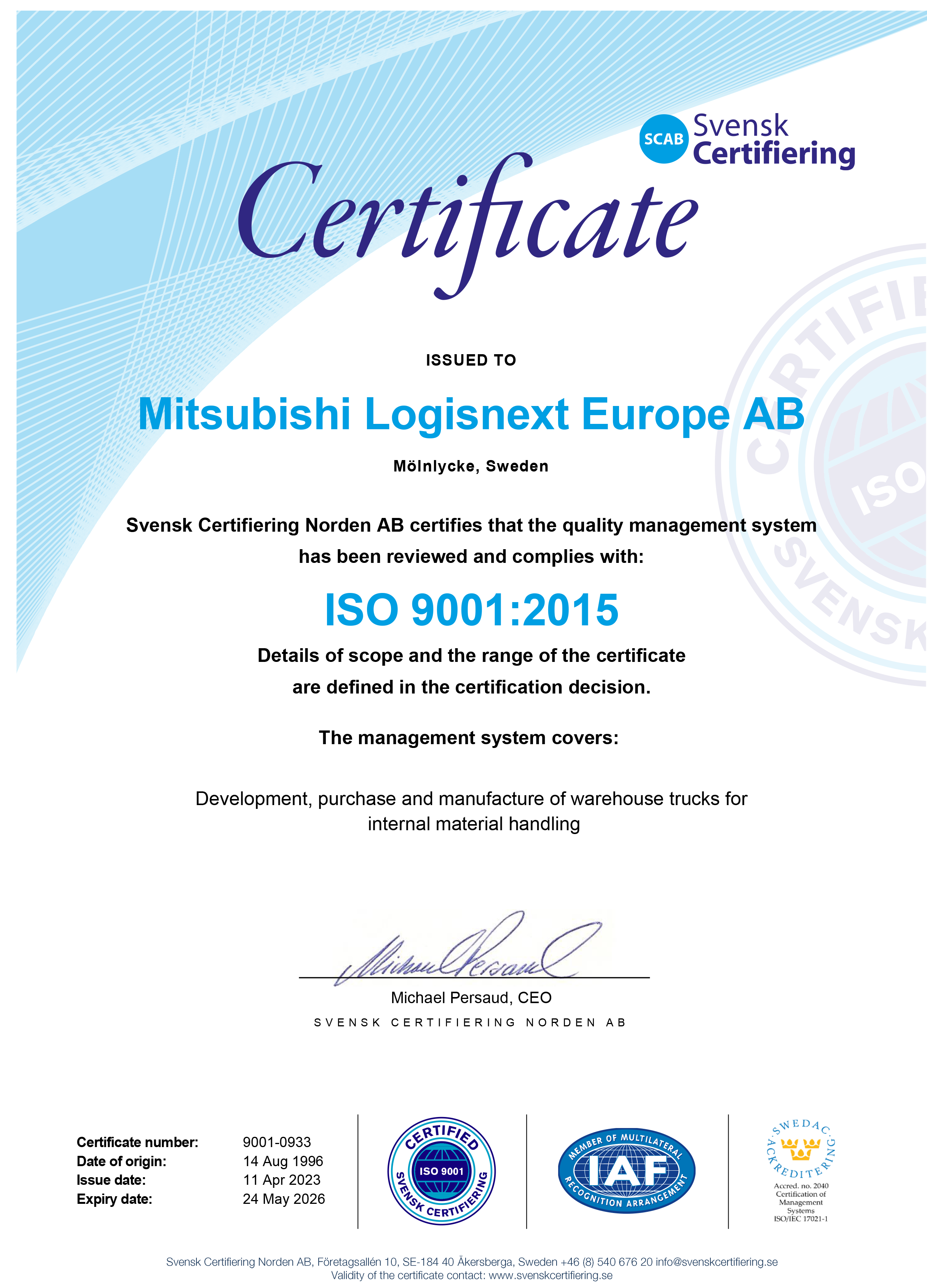 Mitsubishi Logisnext Europe AB ISO 9001 English